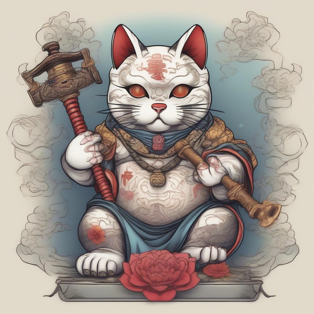 Hình xăm mèo thần tài cầm búa thần